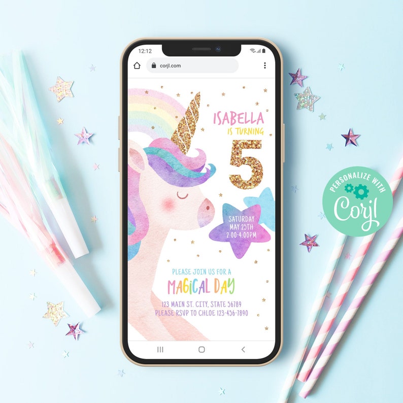Editable Unicorn Birthday Evite Template Instant Download Etsy