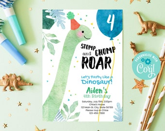 Editable Dinosaur Birthday Invitation Template Instant Download, Printable Custom Dinosaur Theme Party, Brontosaurus Dino Invitation, BD013