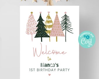 Editable Winter Wonderland Welcome Sign, Snow Tree Digital Birthday Decoration Sign Winter Theme Birthday Kids Party Holiday Template, BD017