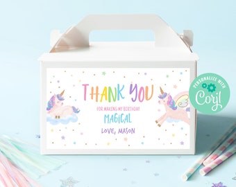 Editable Unicorn Gable Box Label Template Instant Download, Printable Custom Magical Birthday Party, Gold Glitter Unicorn Gift Box, BD002