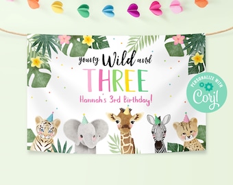 Editable Young Wild And Three Backdrop Welcome Banner Instant Download, Printable Custom Jungle Safari Theme Party, Wild Animal Sign,BD009