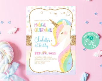 Editable Unicorn Birthday Invitation Template Instant Download, Printable Custom Magical Birthday Party, Gold Glitter Rainbow Unicorn, BD012