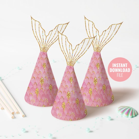 Printable Mermaid Birthday Party Hat Instant Download Under the Sea Summer Pool Party Pink Gold Glitter Decoration Mermaid DIY Hat BD006 Etsy UK
