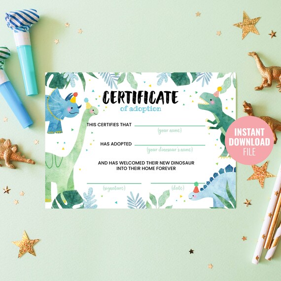 Printable Dinosaur Adoption Certificate Instant Download - Etsy