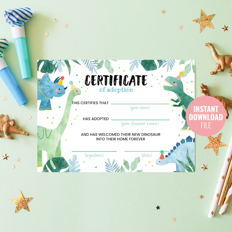 Printable Dinosaur Adoption Certificate Instant Download - Etsy