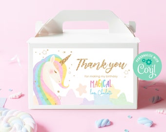 Editable Unicorn Gable Box Label Template Instant Download, Printable Custom Magical Birthday Party, Gold Glitter Unicorn Gift Box, BD012