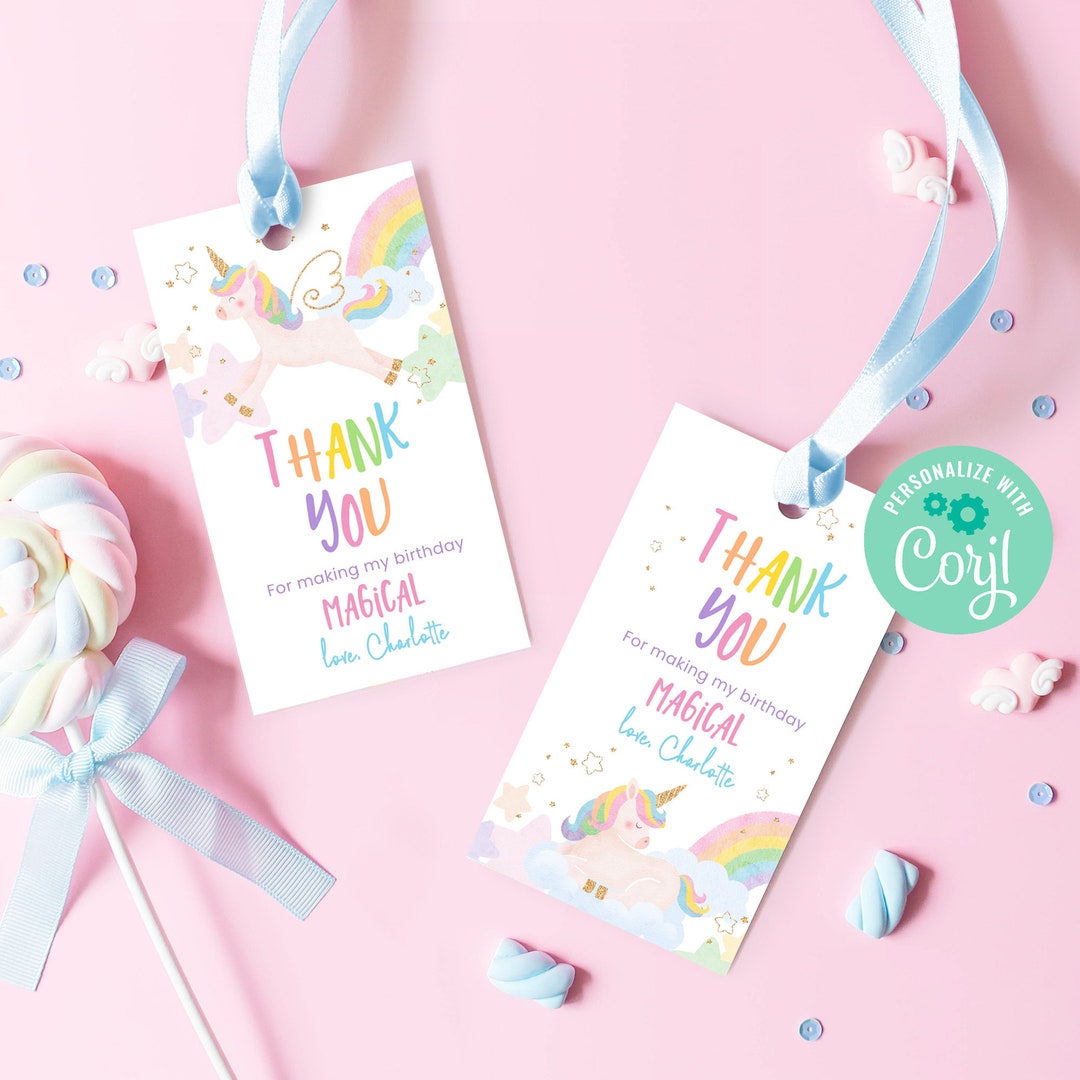 Editable Unicorn Birthday Thank You Favor Tag Template Instant - Etsy UK