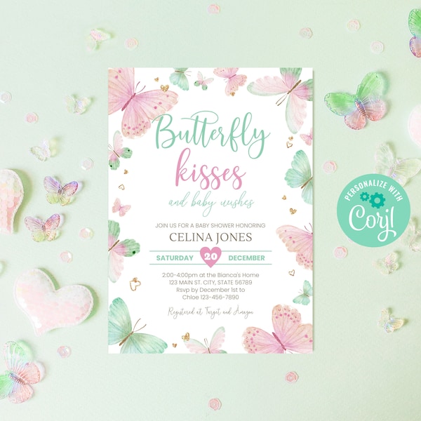 Editable Butterfly Baby Shower Invitation, Pink Green Butterfly Girl Baby Shower Digital Invitation, Butterfly Theme Party Template, BS041