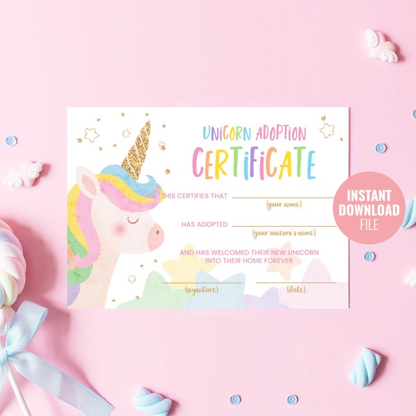 Printable Unicorn Adoption Certificate Instant Download,  Magical Birthday Party, Adopt a Unicorn Gold Glitter Horn Party Decoration, BD014