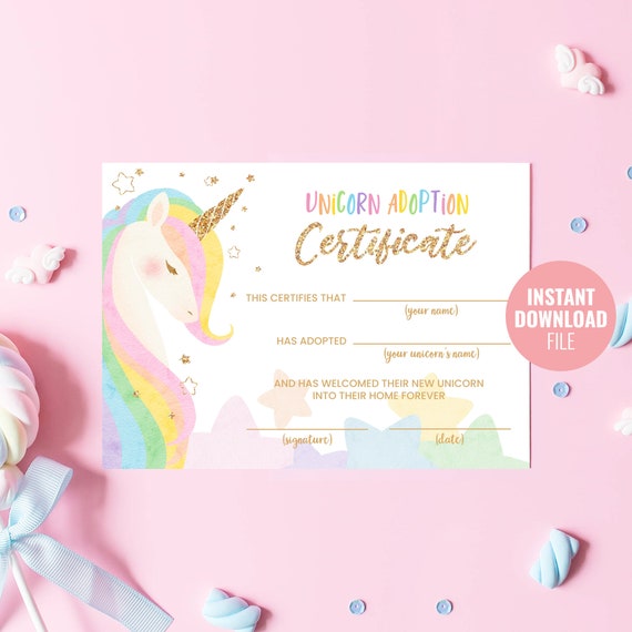 Printable Unicorn Adoption Certificate Instant Download - Etsy