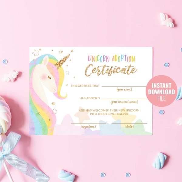 Printable Unicorn Adoption Certificate Instant Download,  Magical Birthday Party, Adopt a Unicorn Gold Glitter Horn Party Decoration, BD012