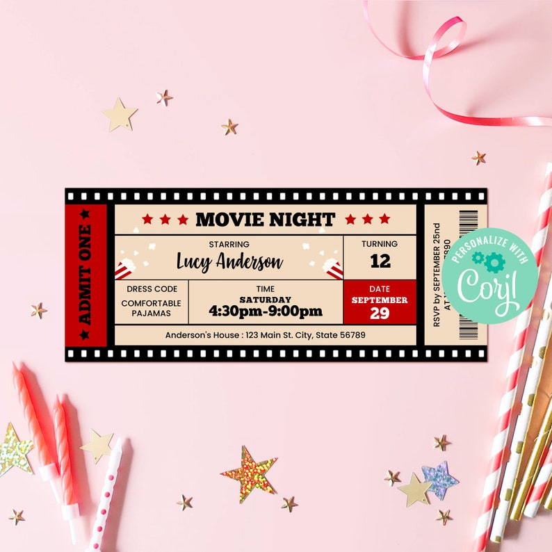 Editable Movie Night Birthday Invitation Template Instant Download, Printable Custom Movie Ticket, Backyard Movie Sleepover Party, BD001 image 1