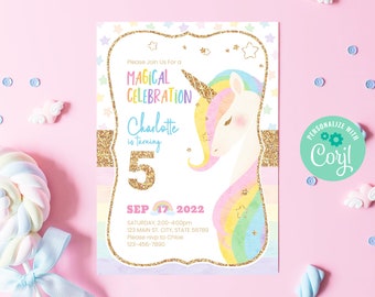 Editable Unicorn Birthday Invitation Template Instant Download, Printable Custom Magical Birthday Party, Gold Glitter Rainbow Unicorn, BD012