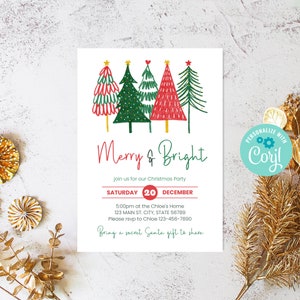 Editable Winter Christmas Party Invitation Template Instant Download, Printable Custom Christmas Snow Holiday Red Green Tree Party, HD016