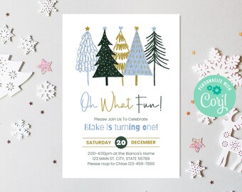 Editable Winter ONEderland Birthday Invitation, Snow Tree Digital Invitation, Winter Theme First Birthday Party, Holiday Template, BD032