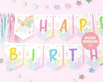 Printable Unicorn Birthday Banner Template Instant Download, Custom Magical Birthday Party, Gold Glitter Unicorn Horn Decor Banner, BD014