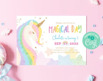 Editable Unicorn Birthday Invitation Template Instant Download, Printable Custom Magical Birthday Party, Gold Glitter Rainbow Unicorn, BD012