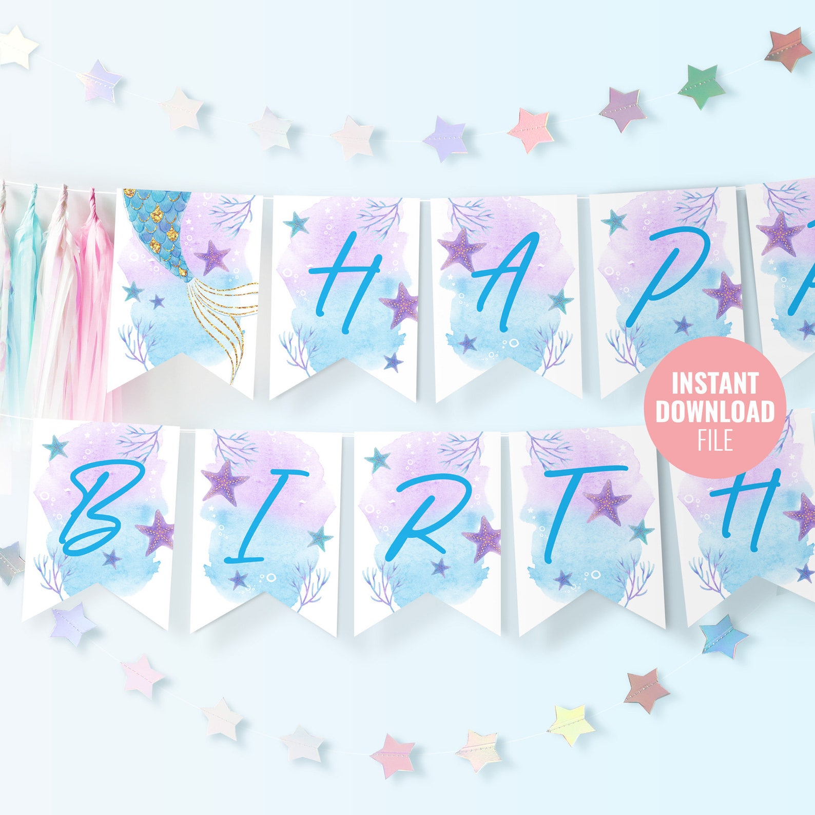 Printable Mermaid Birthday Banner Template Instant Download - Etsy