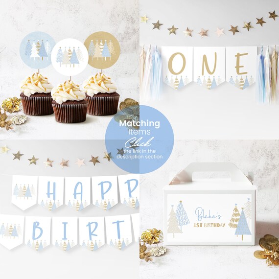 Printable Winter Wonderland Banner, Snow Tree Happy Birthday