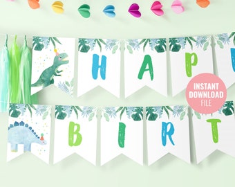 Printable Dinosaur Happy Birthday Banner Template Instant | Etsy