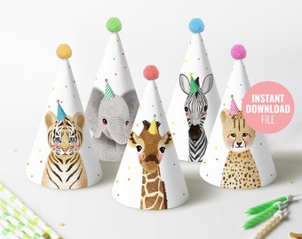 Printable Party Animals Birthday Hat Instant Download, Jungle Safari Theme Party Hat, Wild One Animal Birthday Decoration DIY Hat, BD010