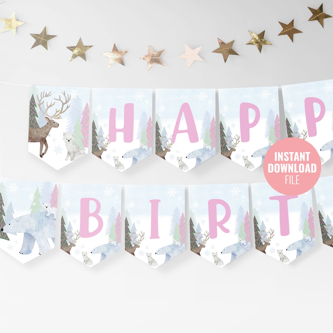 animal party decorations printable winter wonderland banner, polar