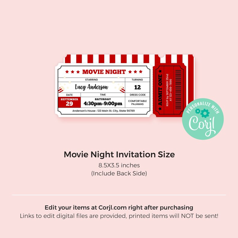 Editable Movie Night Birthday Invitation Template Instant Download, Printable Custom Movie Ticket, Backyard Movie Sleepover Party, BD001 image 2
