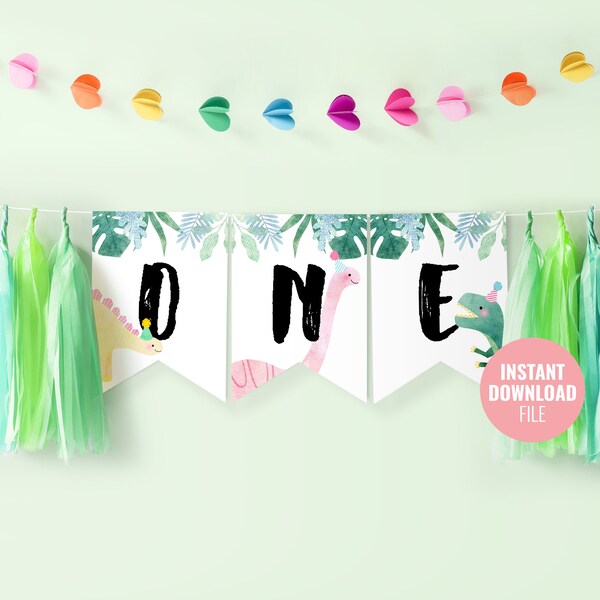 Printable Dinosaur First Birthday ONE Banner Instant Download, Dinosaur Theme Party, Tyrannosaurus T-Rex Birthday Decoration Banner, BD015