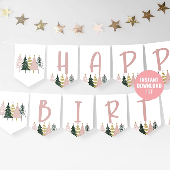 Printable Winter Wonderland Banner, Snow Tree Happy Birthday