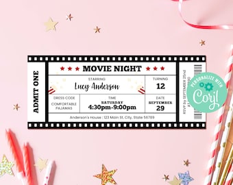 Editable Movie Night Birthday Invitation Template Instant Download, Printable Custom Movie Ticket, Backyard Movie Sleepover Party, BD001