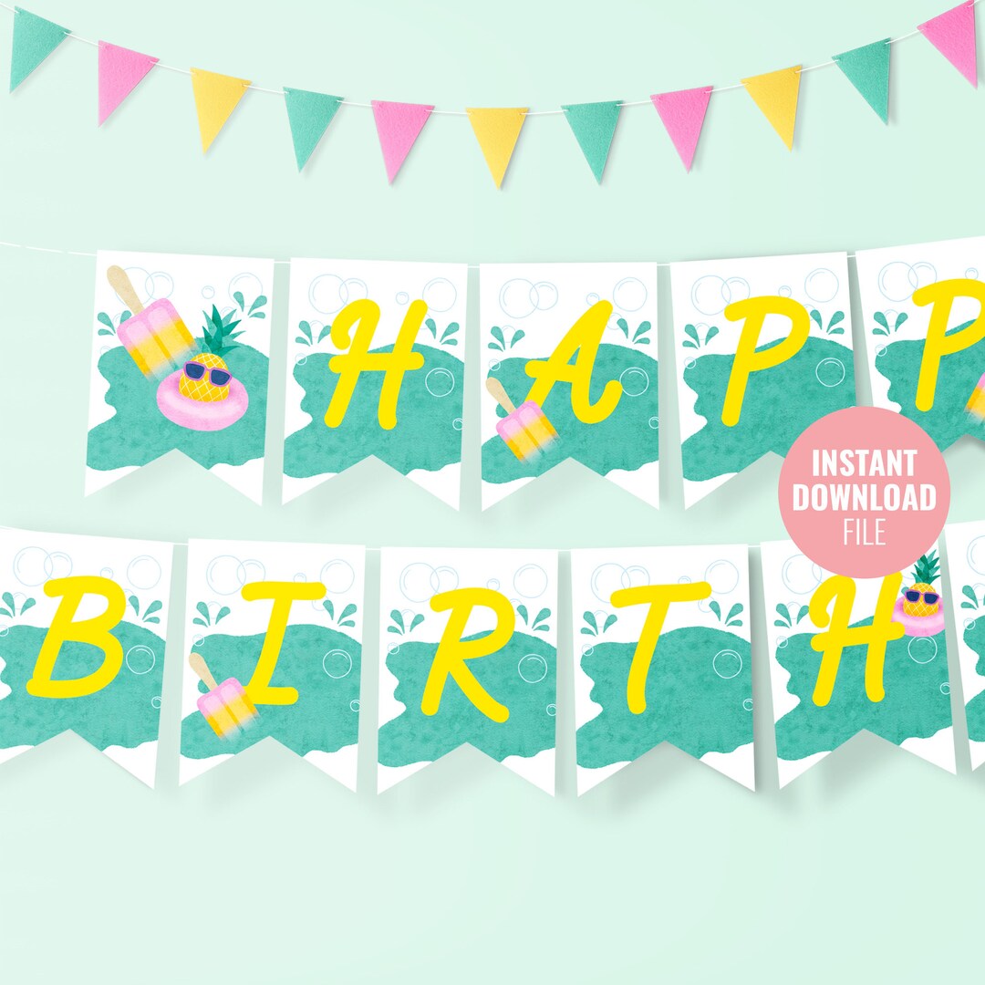 Printable Pool Party Birthday Banner Instant Download Etsy