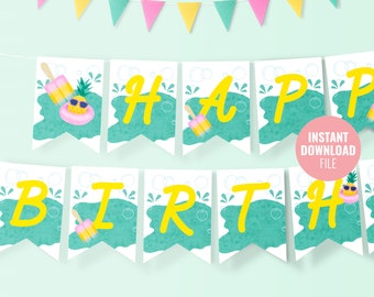 Printable Pool Party Birthday Banner Instant Download, Tropical Summer Swim Party Decor, Splish Splash Pool Party Bash Bunting Flag, BD004