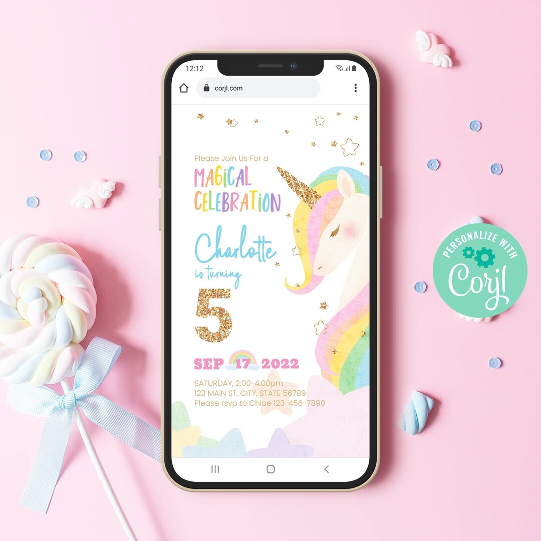 Editable Unicorn Birthday Invitation Digital Mobile - Etsy