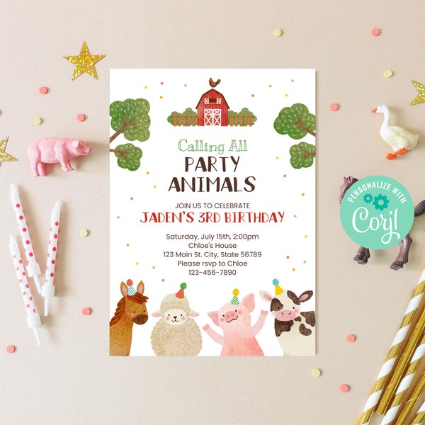 Editable Farm Animals Birthday Invitation Template Instant Download, Printable Red Barnyard Tractor Theme Party, Cow Pig Horse Sheep, BD030