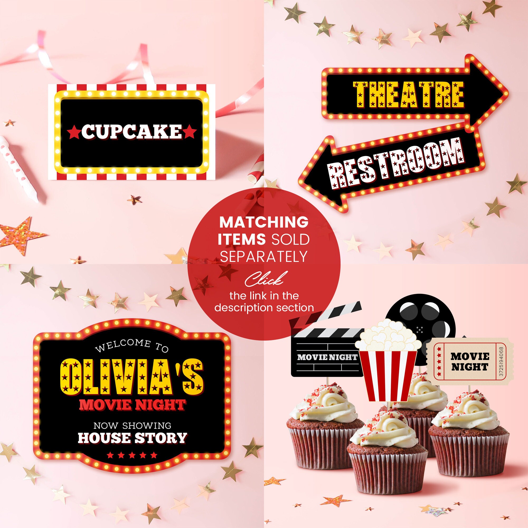 Printable Movie Night Birthday Cupcake Topper Instant - Etsy