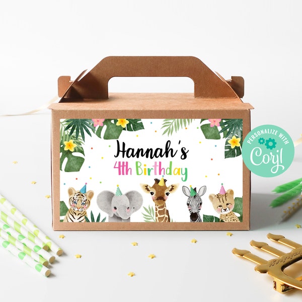 Editable Party Animals Gable Box Label Template Instant Download, Printable Custom Jungle Safari Theme Party, Wild Animal Gift Box, BD009