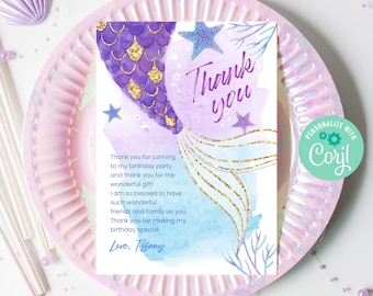 Editable Mermaid Thank You Note Template Instant Download, Printable Custom Under The Sea Summer Pool Party, Purple Gold Glitter Card, BD011