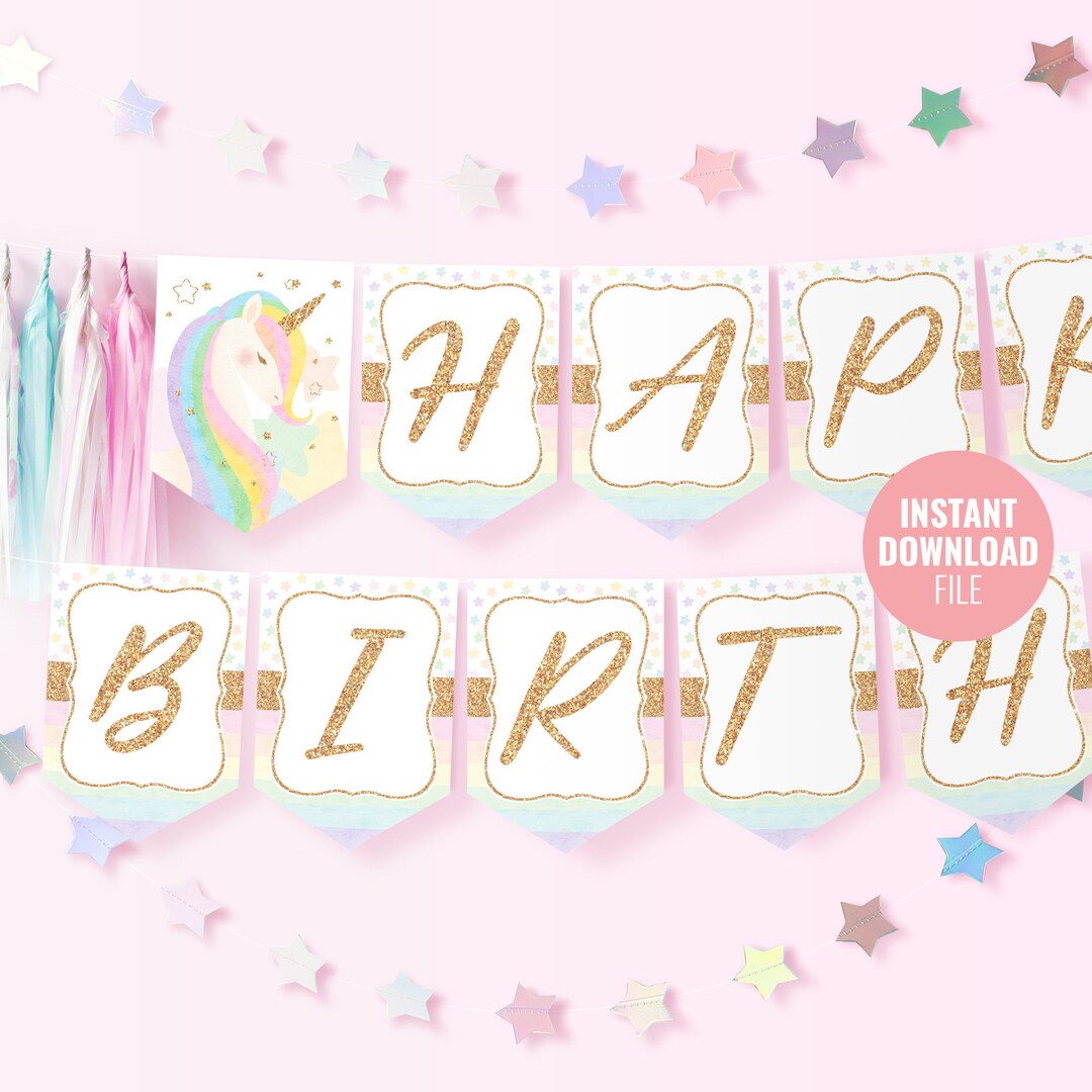 Printable Unicorn Birthday Banner Template Instant Download, Custom Magical Birthday Party, Gold ...