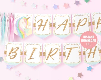 Printable Unicorn Birthday Banner Template Instant Download, Custom Magical Birthday Party, Gold Glitter Unicorn Horn Decor Banner, BD012