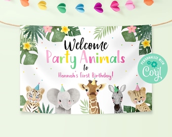 Editable Party Animals Birthday Backdrop Welcome Banner Instant Download, Printable Custom Jungle Safari Theme Party, Wild Animal Sign,BD009