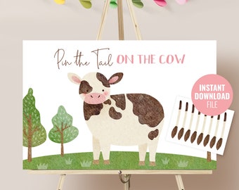 Printable Pin the Tail Birthday Party Game Instant Download, Pink Barnyard Tractor Farm Animals Theme Party, Cow Tail Game Decoration, BD031