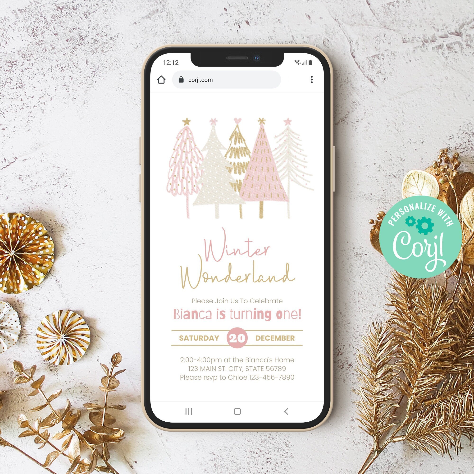Editable Winter Wonderland Birthday Invitation Snow Tree Digital Mobile Electronic Evite Winter Theme Kids Birthday Party