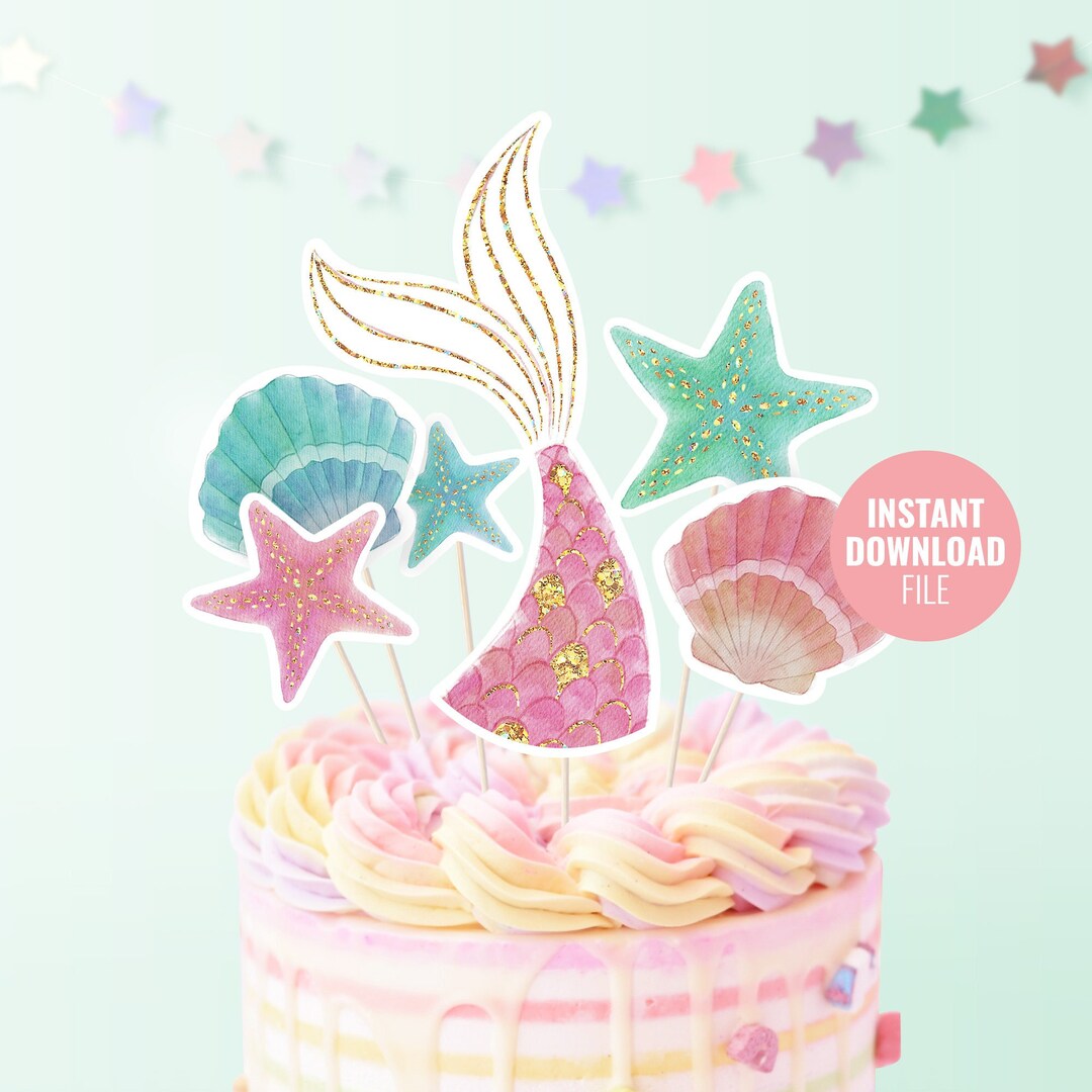 Printable Mermaid Birthday Cake Topper Instant Download, Under the Sea Summer Pool Party, Pink ...