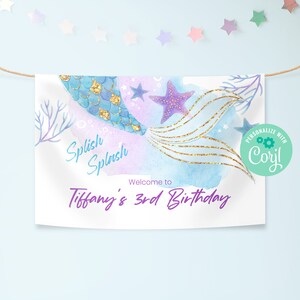 Editable Mermaid Backdrop Welcome Banner Instant Download, Printable Custom Under The Sea Summer Pool Party Gold Glitter Banner, BD005