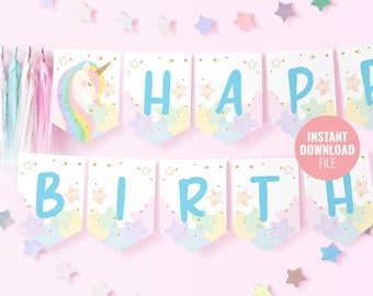 Printable Unicorn Birthday Banner Template Instant Download, Custom Magical Birthday Party, Gold Glitter Unicorn Horn Decor Banner, BD012