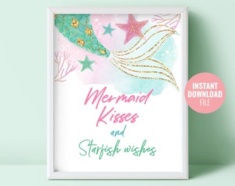 Printable Mermaid Birthday Sign Instant Download, Custom Under The Sea Summer Pool Party, Gold Glitter Mermaid Table Decoration Sign, BD007