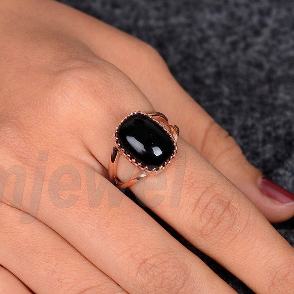 Bague en pierres précieuses Onyx noir naturel, bague taille coussin, bague double bande, bague sertie de lunette en zig-zag en or rose