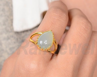 Pear aqua chalcedony, 14k gold fill sterling silver ring, zig-zag bezel set double band ring, handmade ring, rings for women