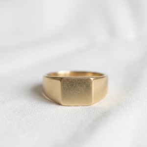 Op de afbeelding: Een gouden zegelring met een rechthoekige voorkant. De ring heeft een geborstelde afwerking en een dikke band. De ring staat tegen een witte achtergrond.