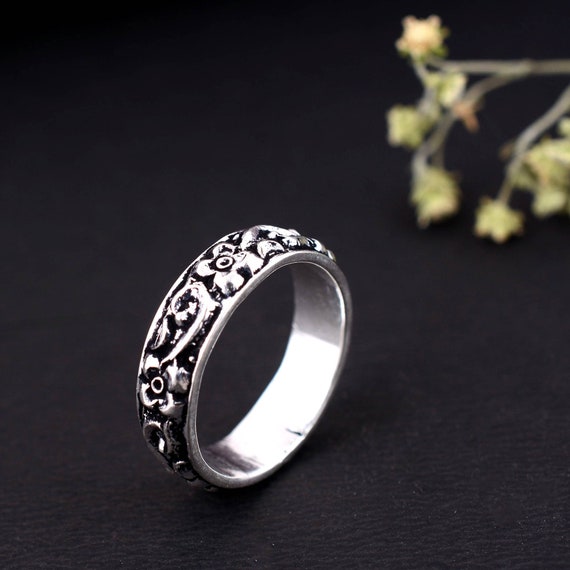 Silver Engraved Ring Mens Band Wave Pattern Ring Geometric 